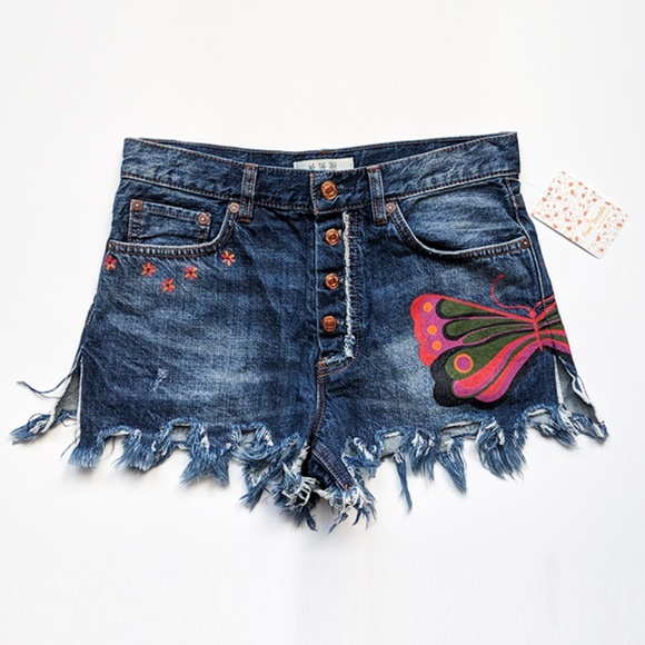 Free People Fields Sun Painted Denim Jean Shorts - Picture 3 of 9